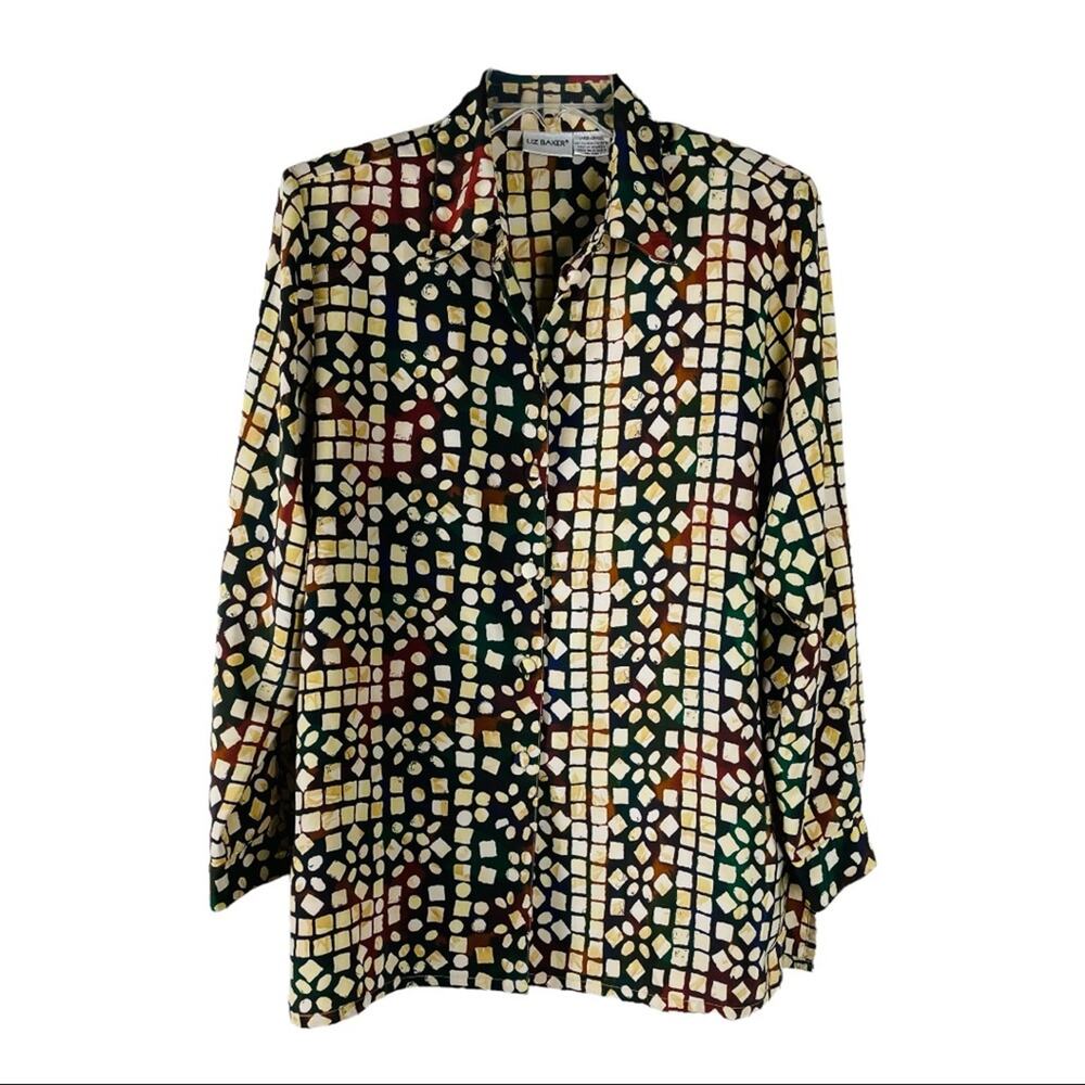 Vintage cream green square geometric button front collared 80s shirt top large